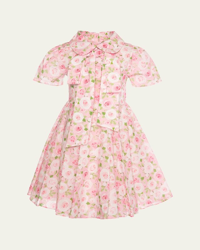 Girl's Positano Flowers Puff-Sleeve Dress, Size 3T-12